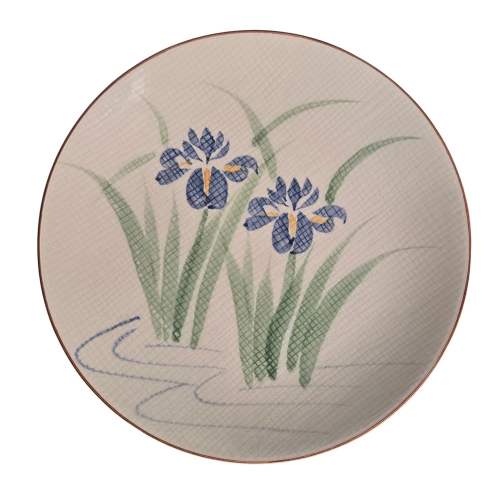 Ono Japan Ceramic Plate Blue Iris Flower Hand Painted Crackle Glaze Round 12.25"